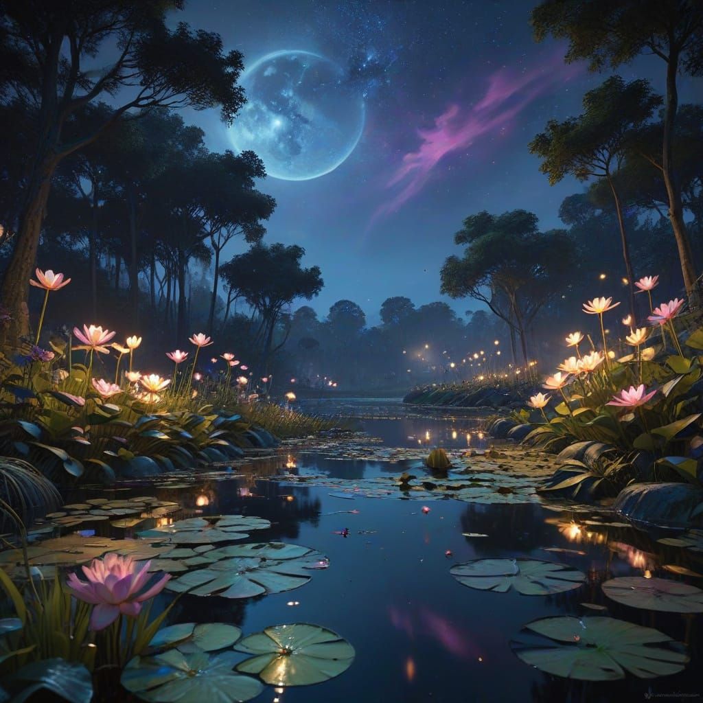 Dreamy Moonlit Pond Scene in Magic Realism Style