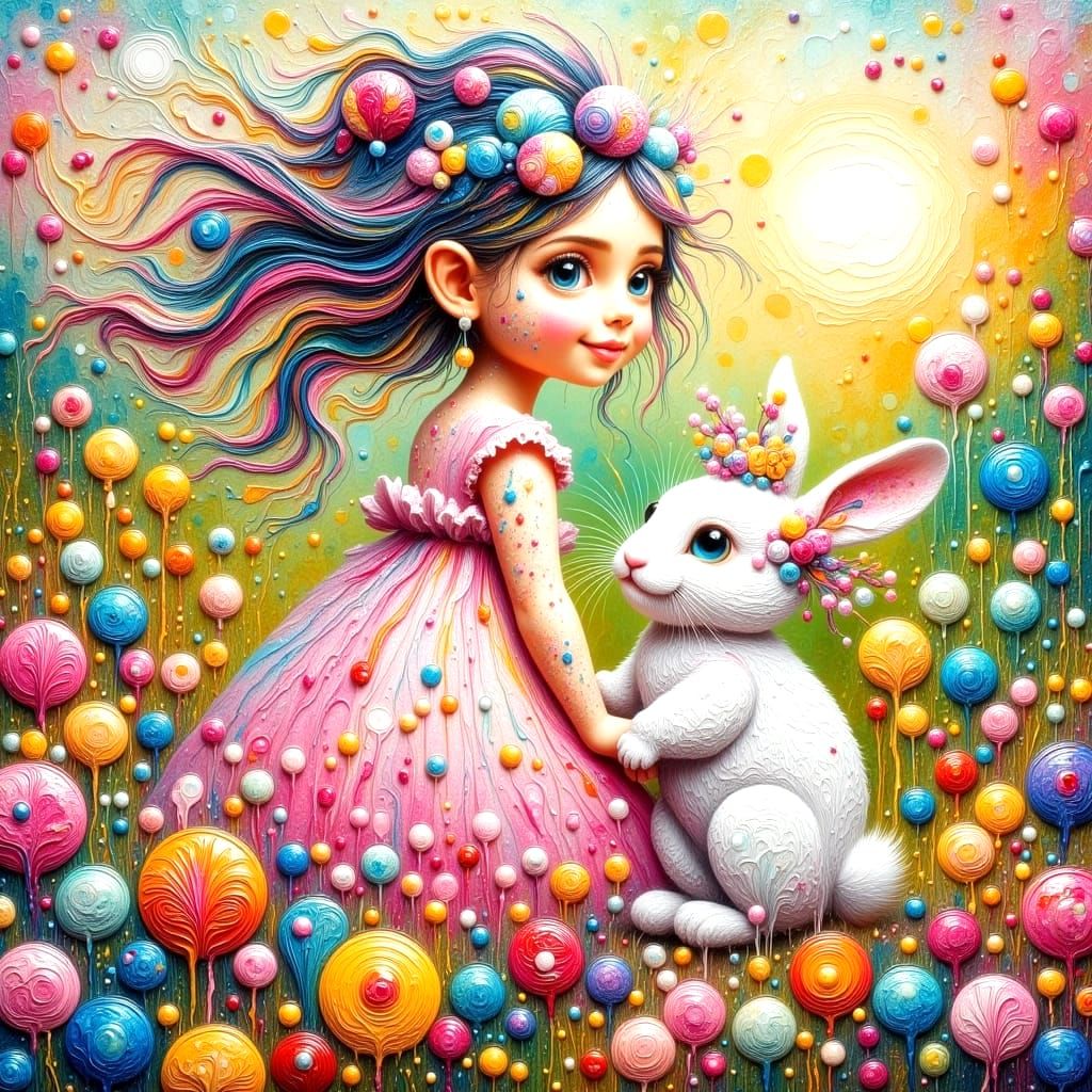 Girl and White Rabbit in Vibrant Impasto Landscape