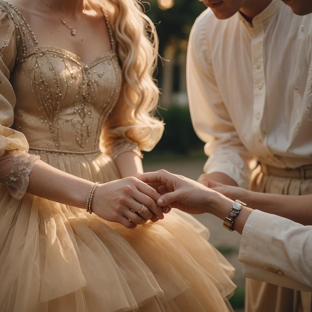 Boy in Tulle Dress Shows Ring: Cinematic Still
