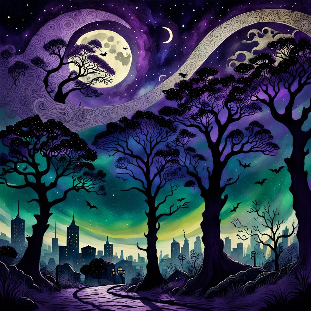 Eerie Halloween Night in Ghibli-Style Ink Wash
