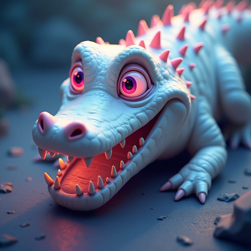 Cartoon White Crocodile Devouring Screen, Detailed Matte Pai...