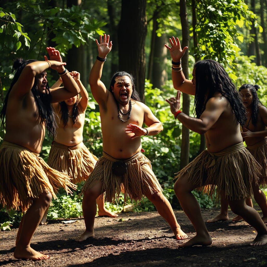 Māori Performers Haka Dance in New Zealand Forest