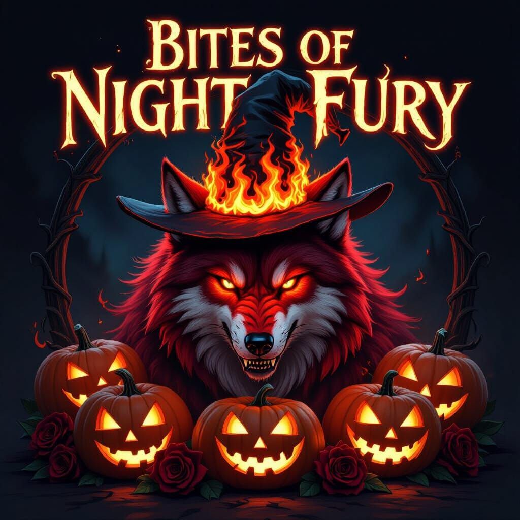 Fiery Red Wolf Halloween Hat With Roses and Pumpkins