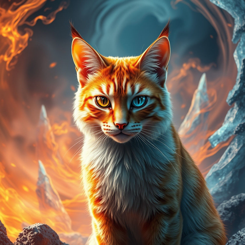 Elemental Fire and Ice Cat in Hyperrealistic Style