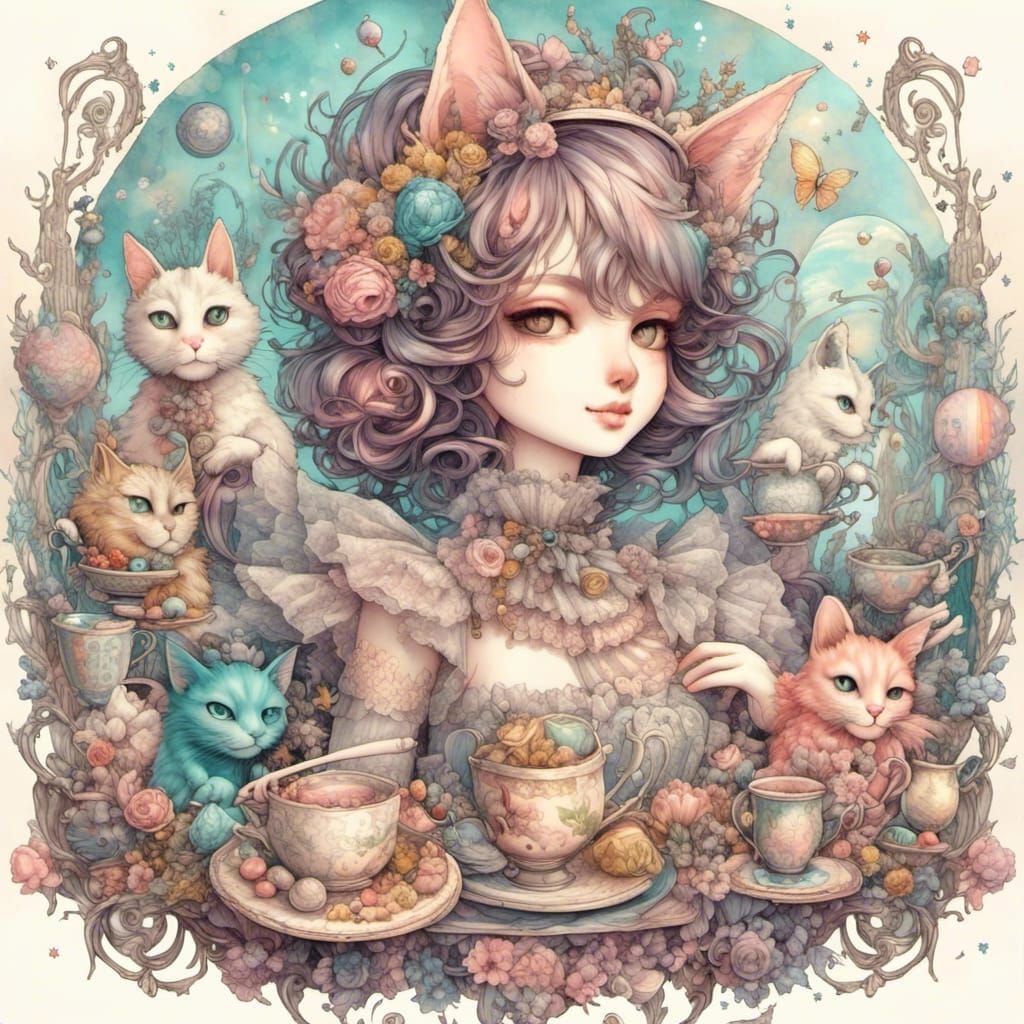 Victorian Cat Tea Party in Watercolor Style