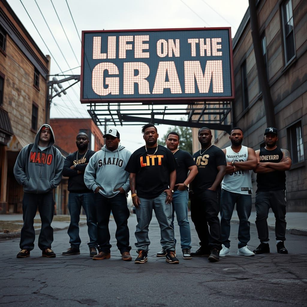 Urban Street Scene with Gangsters and Graffiti-Free Billboar...