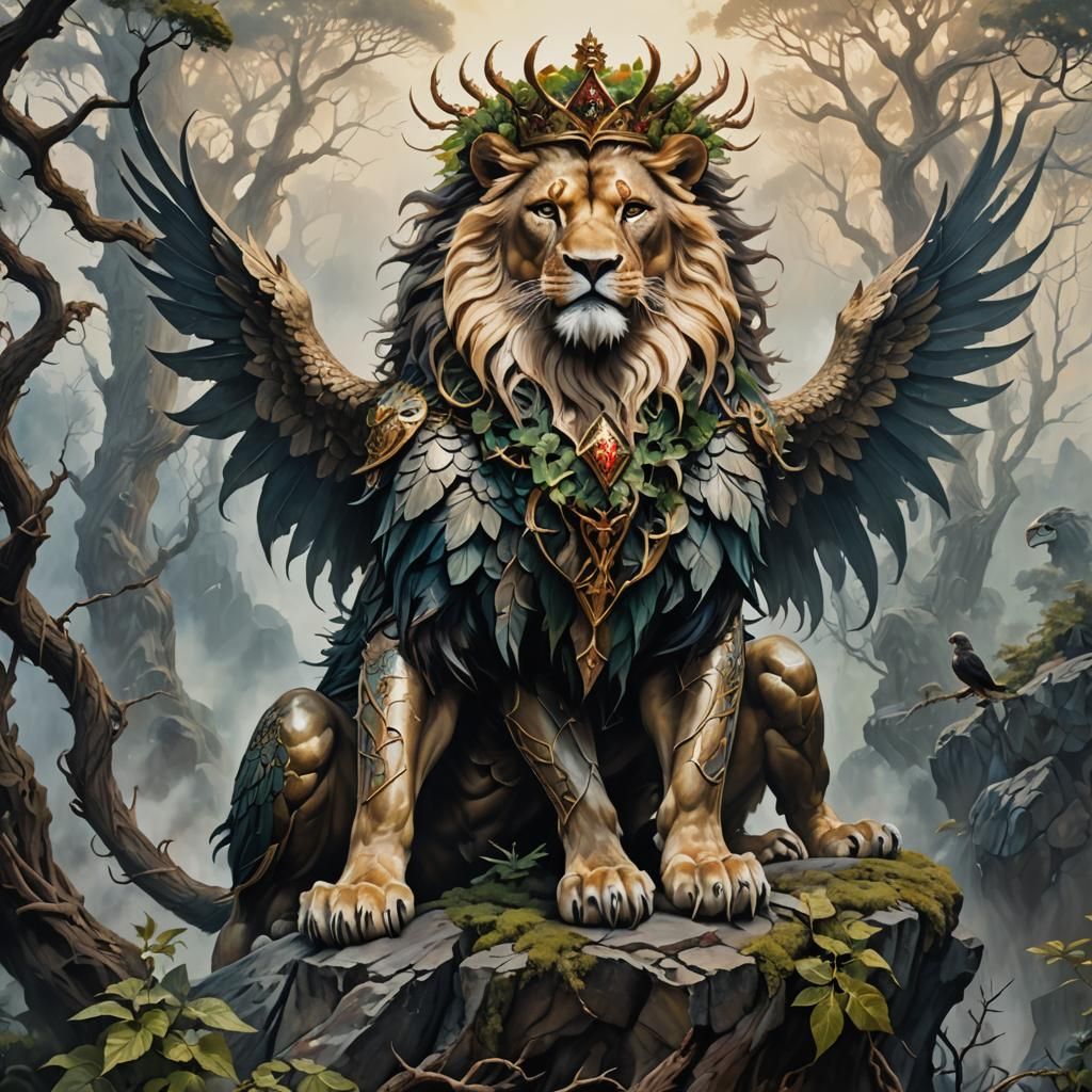 Majestic Lion-Eagle Hybrid in Surrealist Style