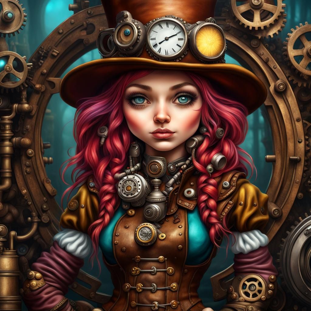 Steampunk Gnome Girl in Detailed Airbrush Art