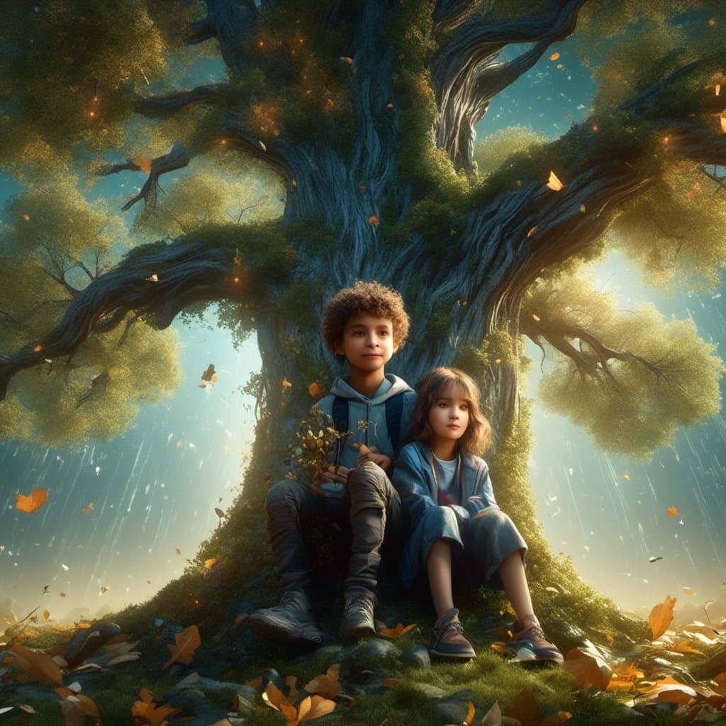 Happy Twins Under Sparkling Tree: Fantasy Concept Art