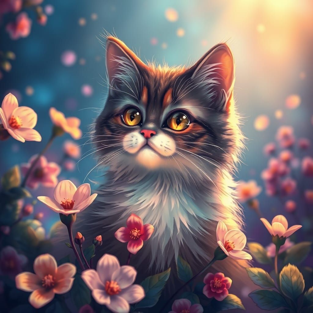 Dreamy Cat in a Lush Floral Landscape