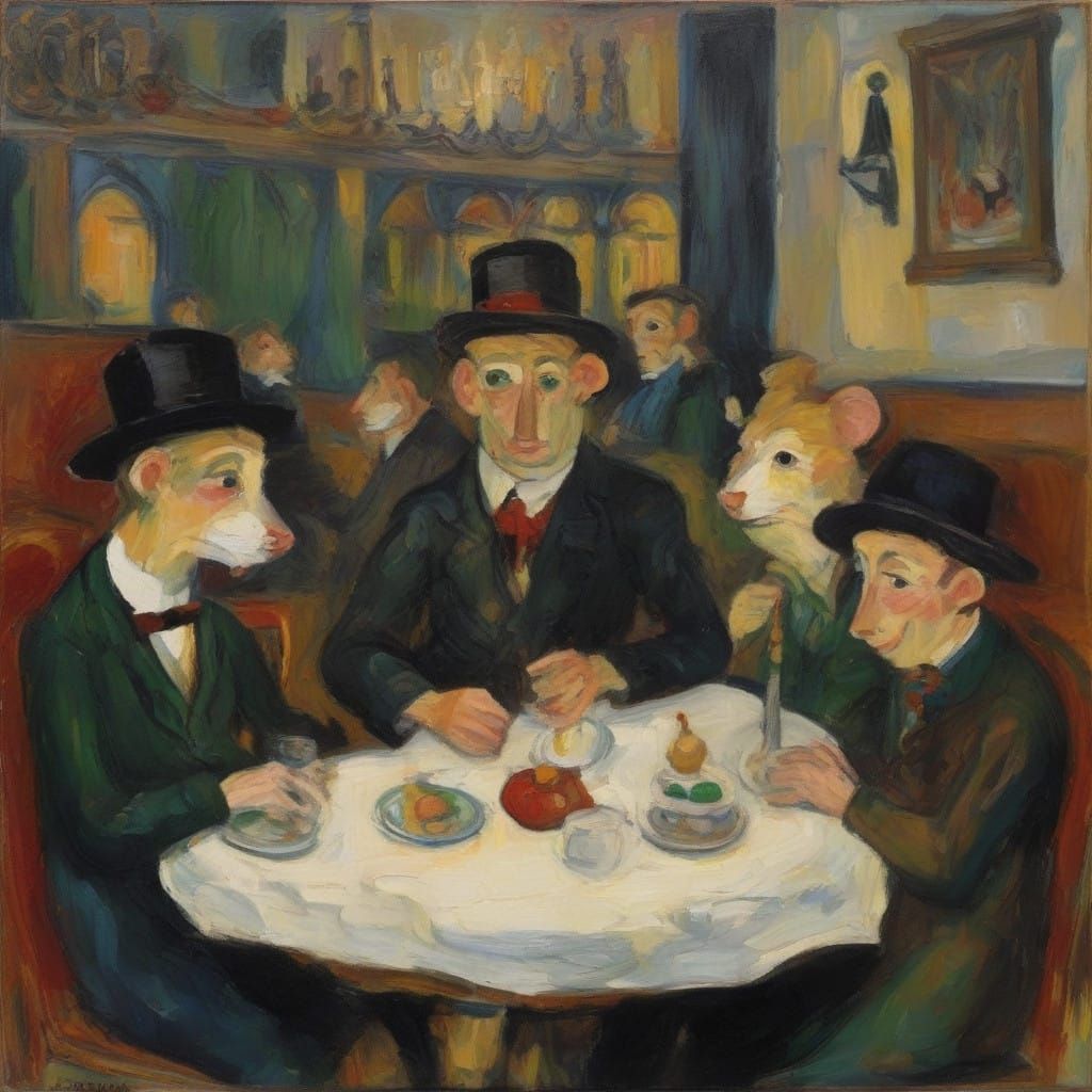 Whimsical Mice Gather in a Nighttime Cafe Scene