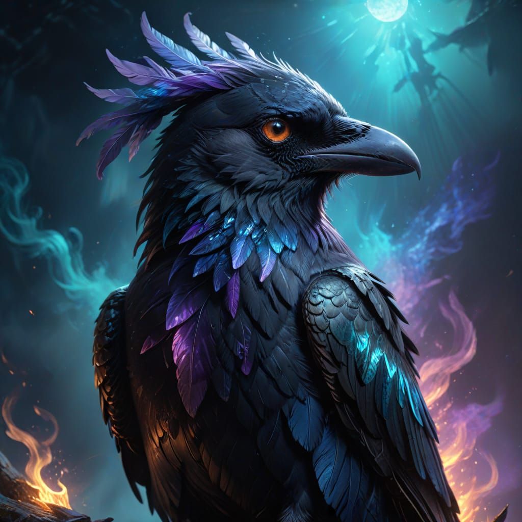 Surreal Magical Crow in Turquoise Flames