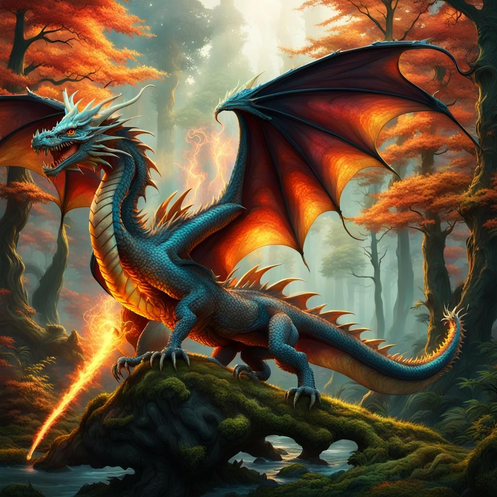 Majestic Dragon in Mystical Forest: Digital Matte Painting