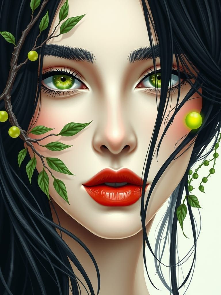 Ethereal Woman with Green Eyes and Red Lips, Nature-Inspired...
