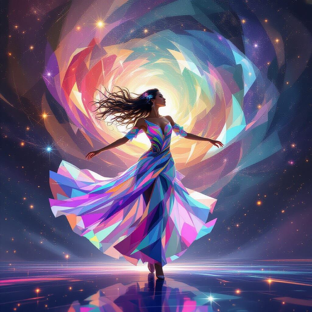Dancer in Nebula: Geometric Forms & Light Trails
