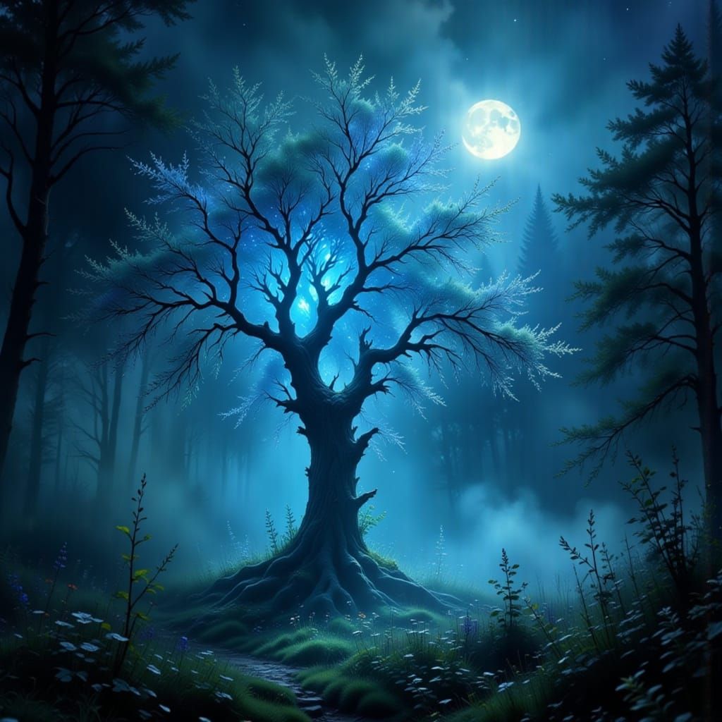 Ethereal Glass Tree Under a Celestial Moonlight