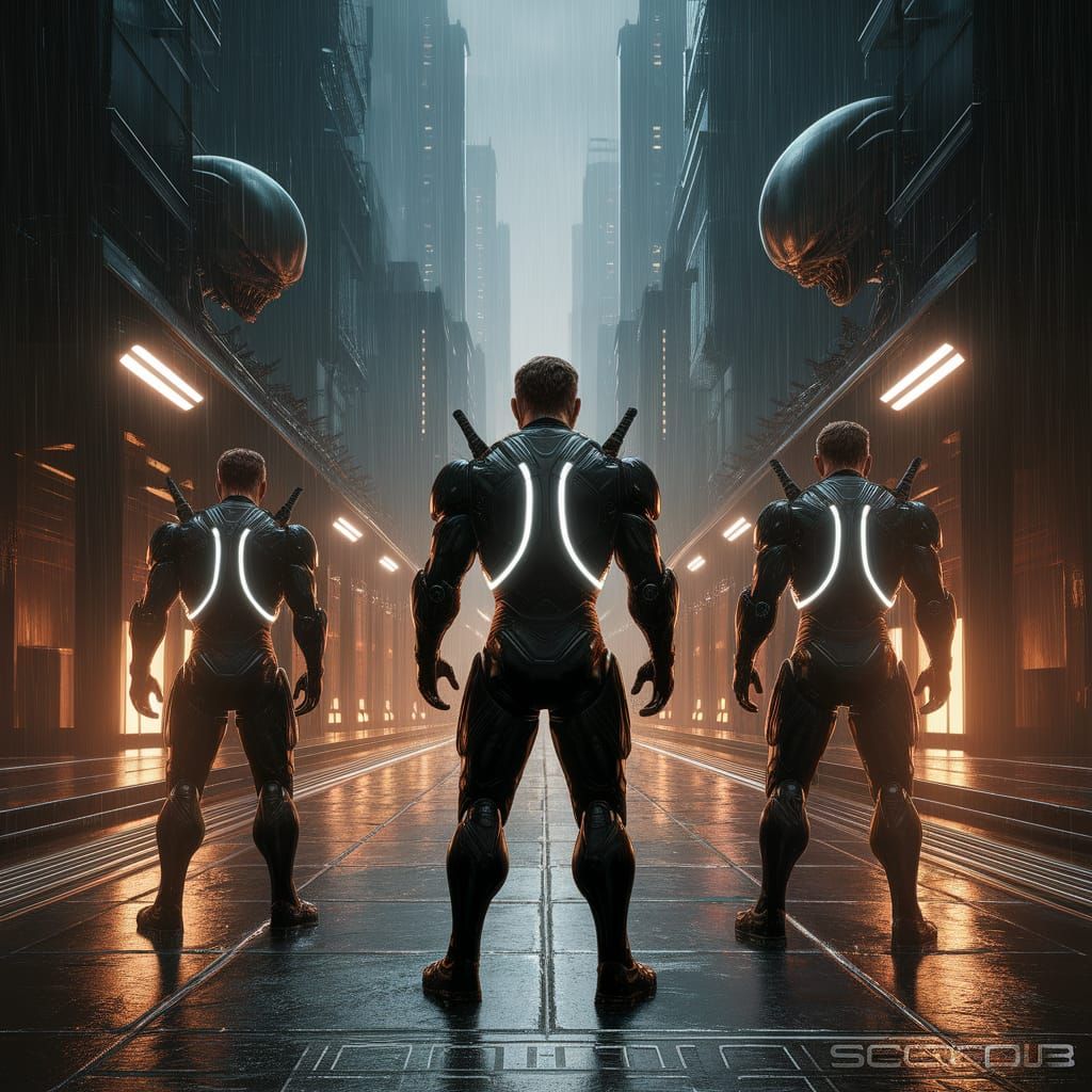 Futuristic City Battle with Armored Warriors and Alien Monst...