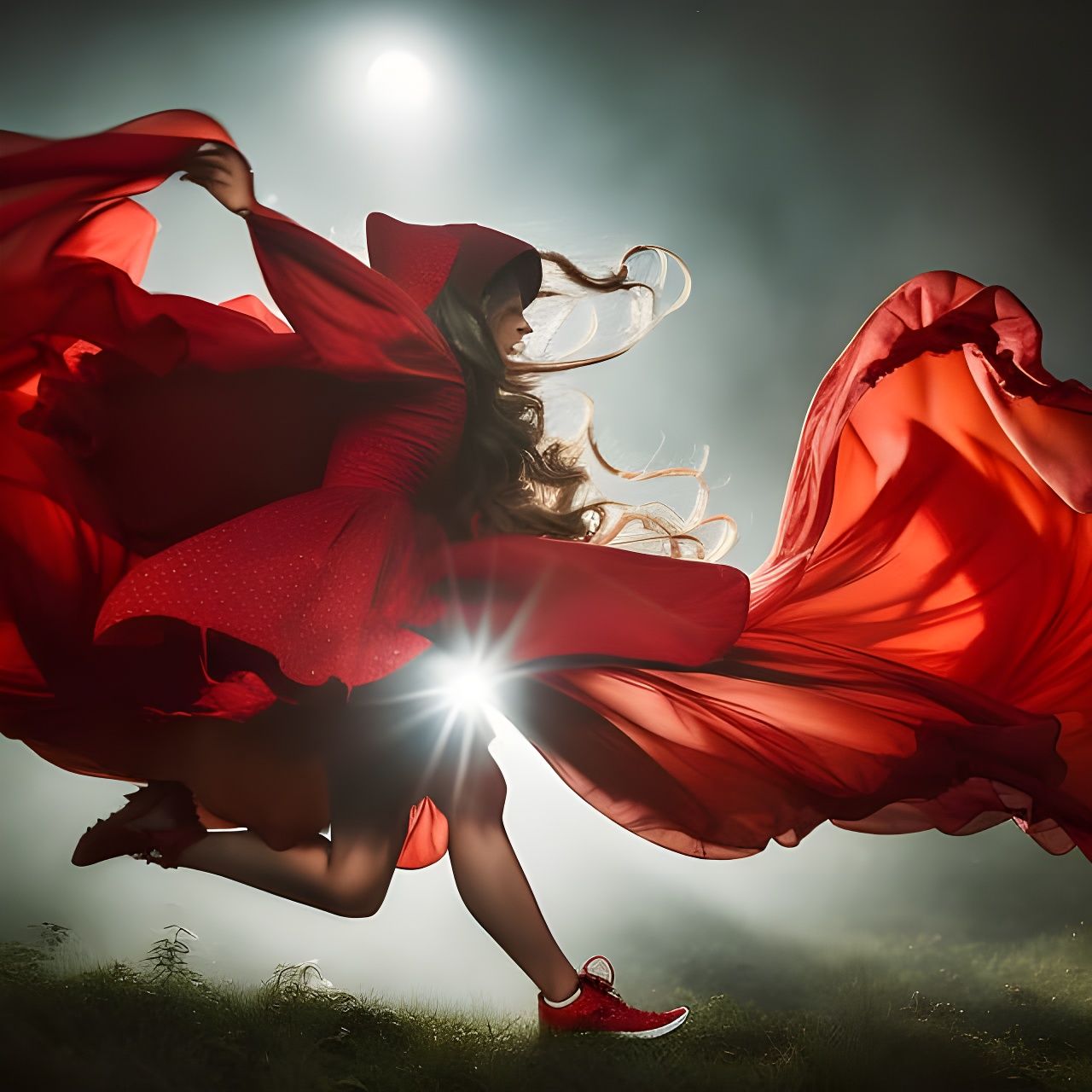 Red Riding Hood Sprinting Through Forest Illustration