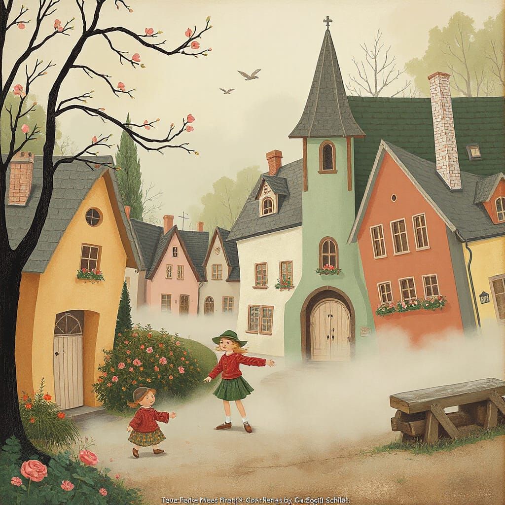 Art Deco Village Scene with Pastel Colors and Gold Accents