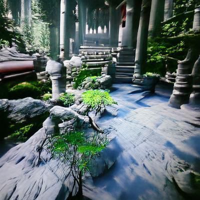 Chinese Temple in Misty Forest Landscape