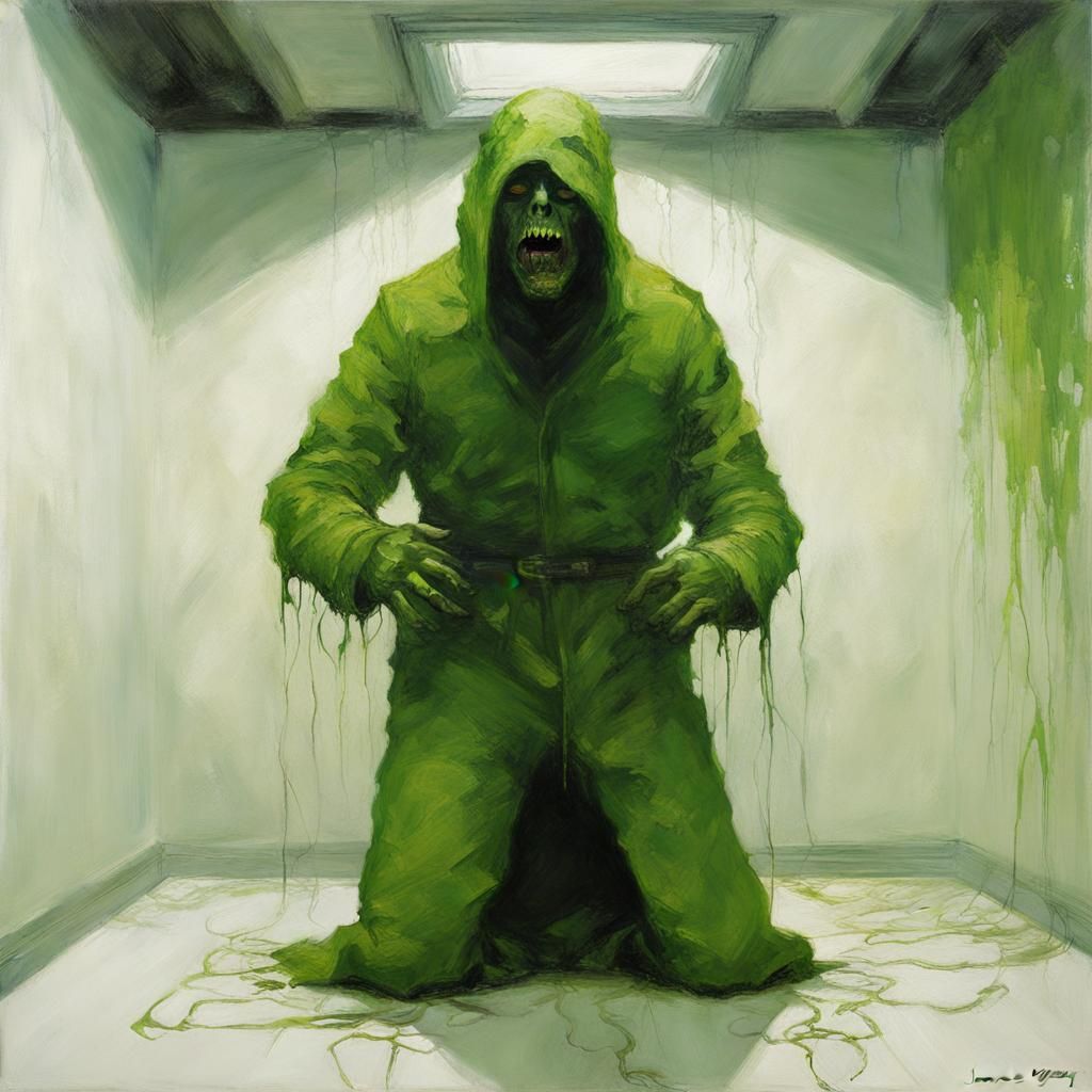 Green Man Screaming in Straitjacket, Beksinski-Style Oil Pai...