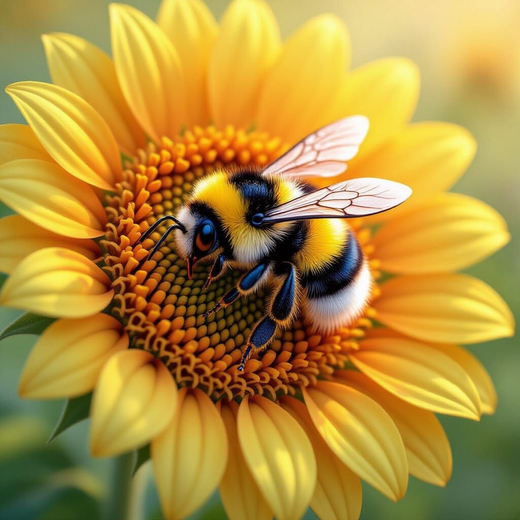 Fluffy Bumblebee on Sunflower, Hyperrealistic 3D Art