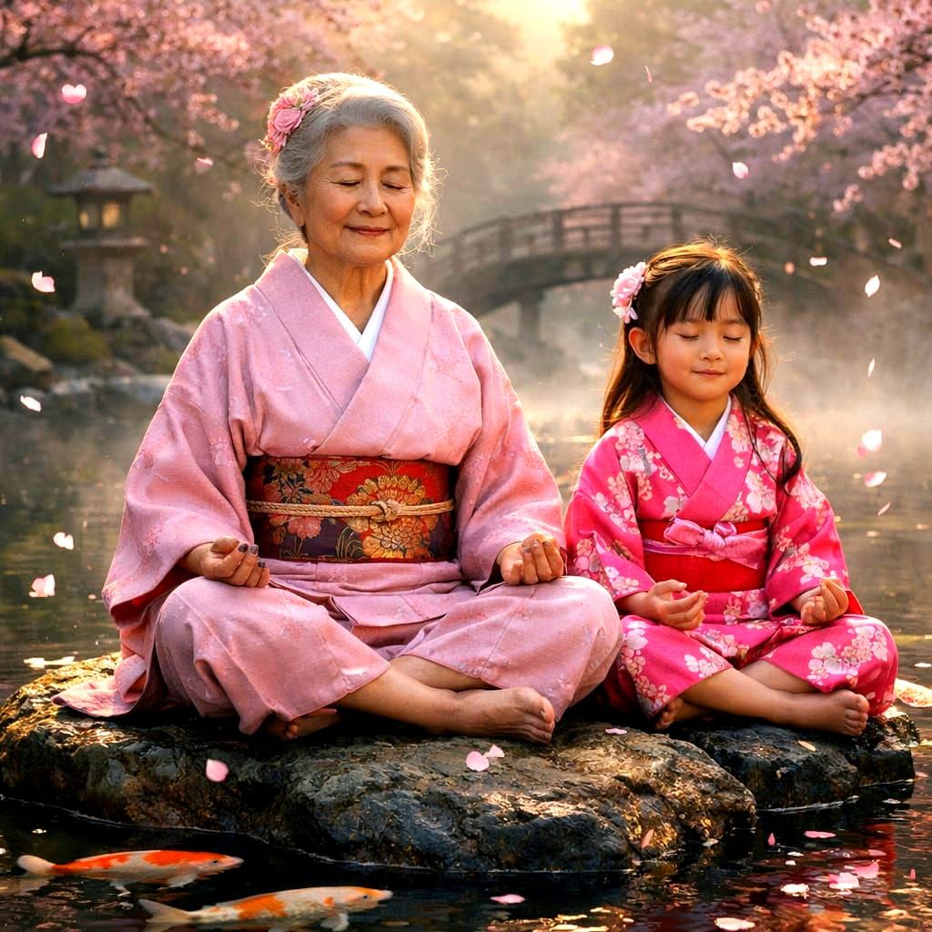 Grandmother and Granddaughter Meditating in Cherry Blossom P...