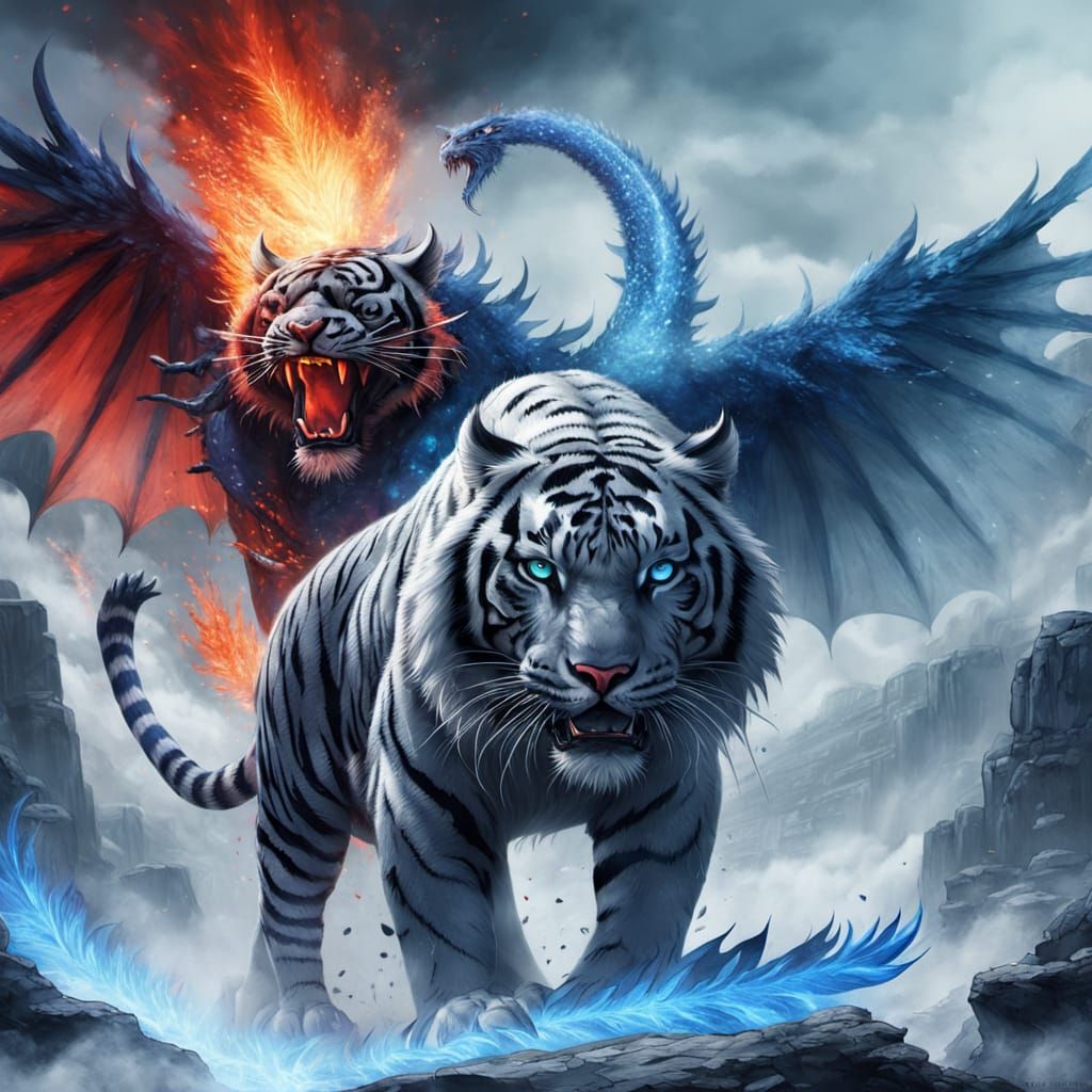 Winged Tiger and Dragon Fantasy Illustration