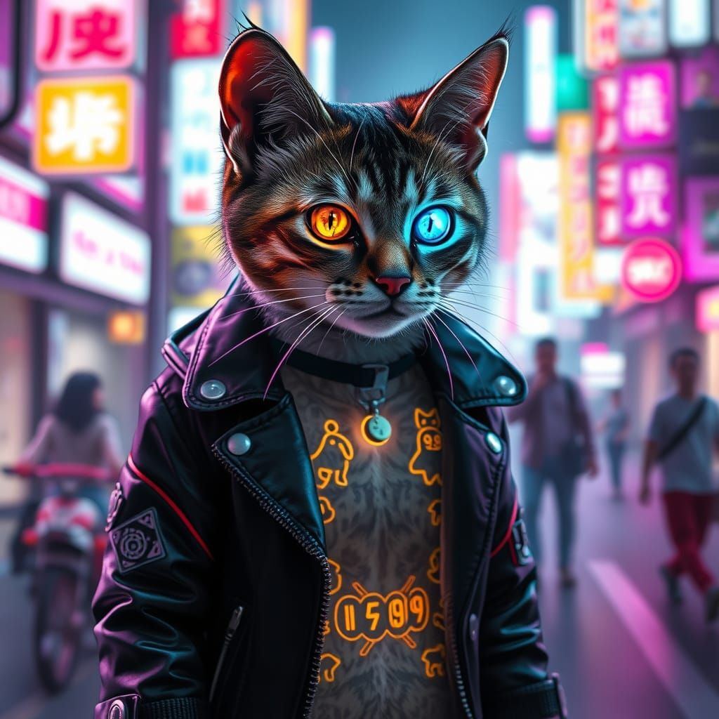 Cyberpunk Cat Roams Neon Streets of Neo-Tokyo
