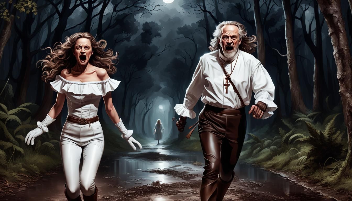 Fleeing Priest and Woman in Dark Forest, Hyperrealistic
