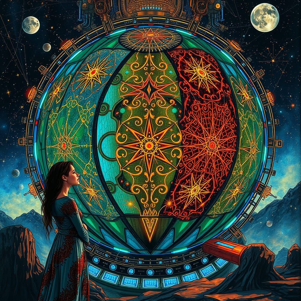 Elegant Cosmic Woman Stands Beside Glowing Temporal Recalibr...