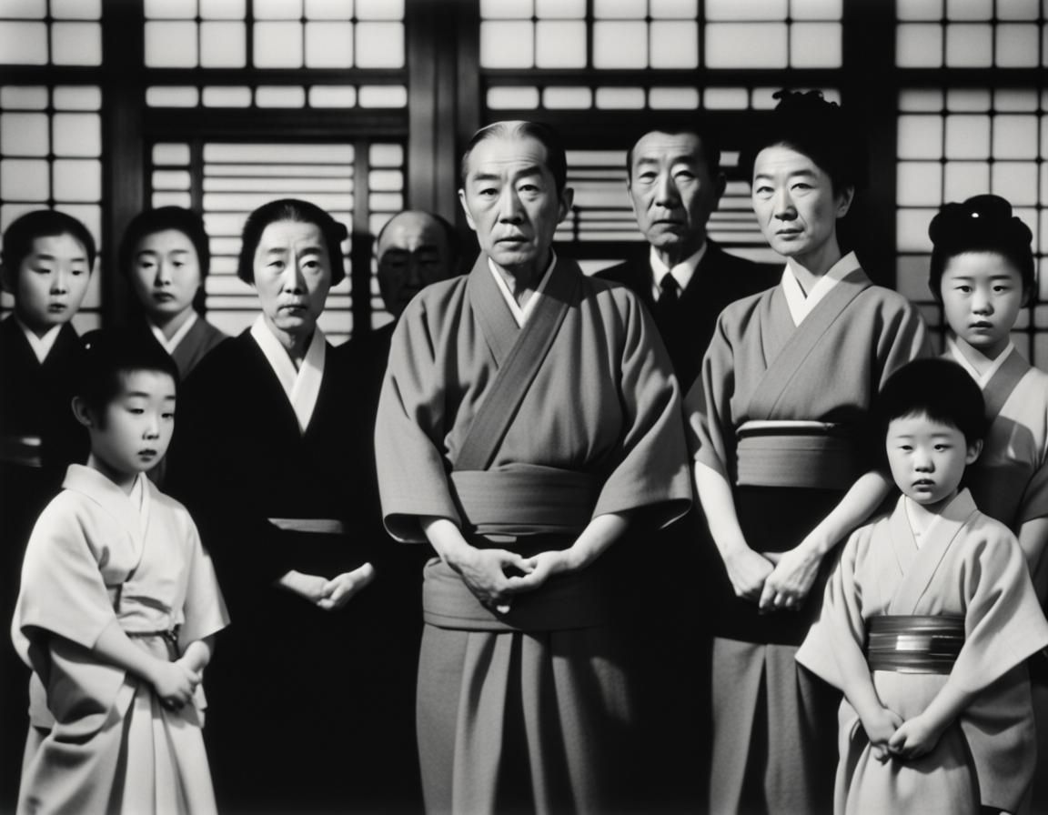 Monochrome Japanese Family in Classic Film Style