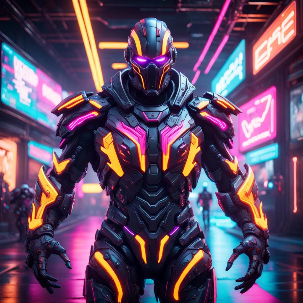 Neon Cyber Warrior Suit in Detailed Matte Painting