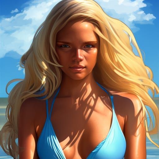 Surfing Girl on Beach in Hyperdetailed Art