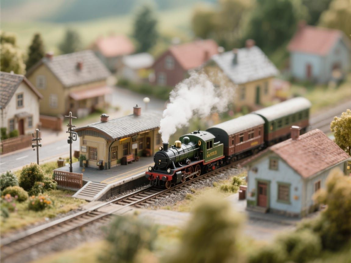 Miniature Village with Steam Train: Tilt-Shift Photo