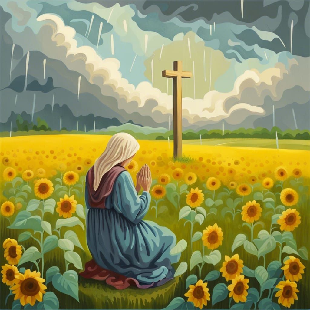 Woman Praying in Sunflower Field: Gouache Painting