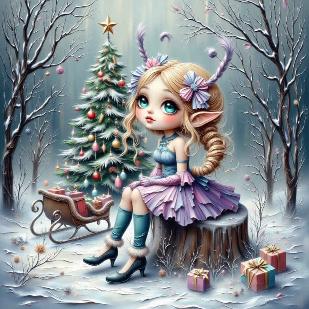 Whimsical Elf by Snowy Xmas Tree