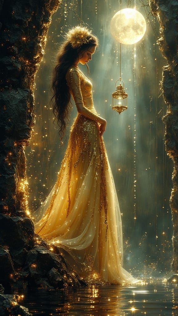 Golden Bird Cage in Ruined Castle Fantasy Art