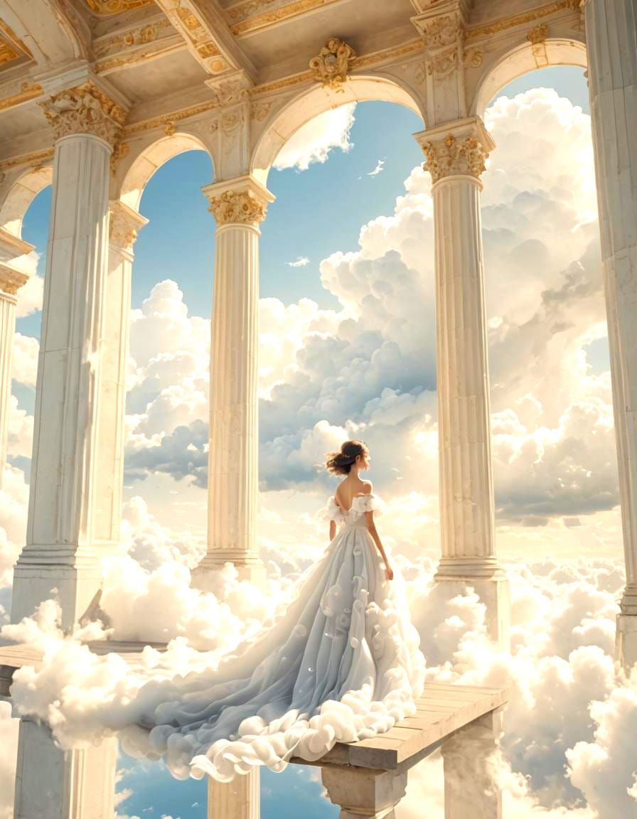 Cloud Girl on Terrace in Dreamy Clouds