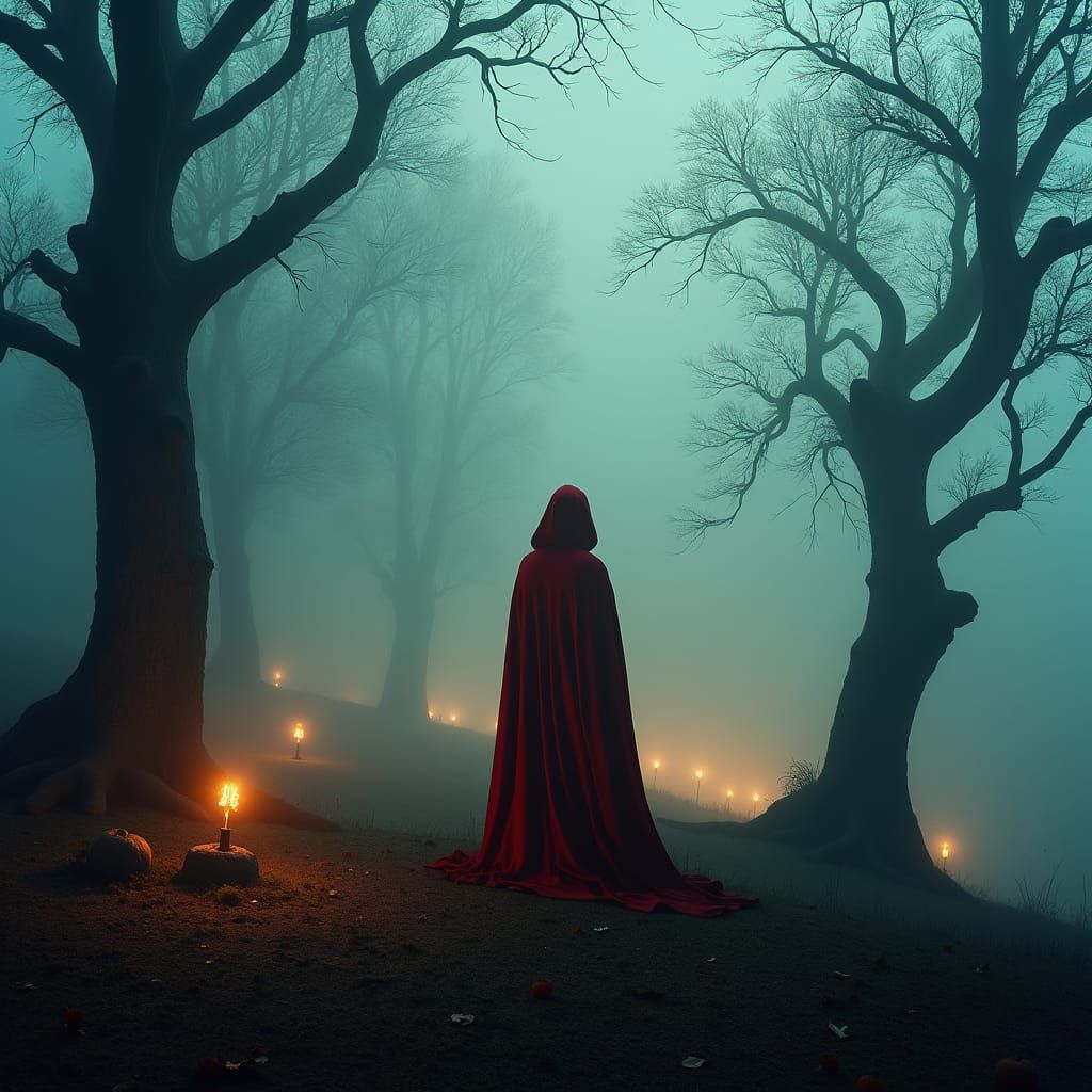 Ethereal Red Witch on Samhain Night: Cinematic Film Still