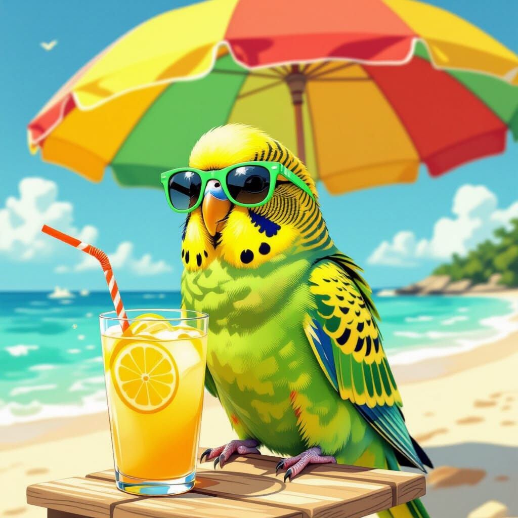 Budgie Sipping Lemonade on Sunny Beach Day