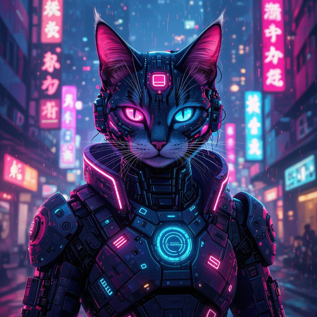 Cyberpunk Cat Portrait with Neon Glow
