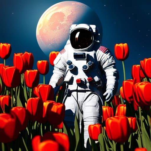 Astronaut in Lunar Tulip Field, Dieselpunk Style