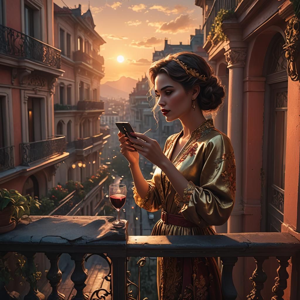 Elegant Woman on Balcony at Sunset: Fantasy Art