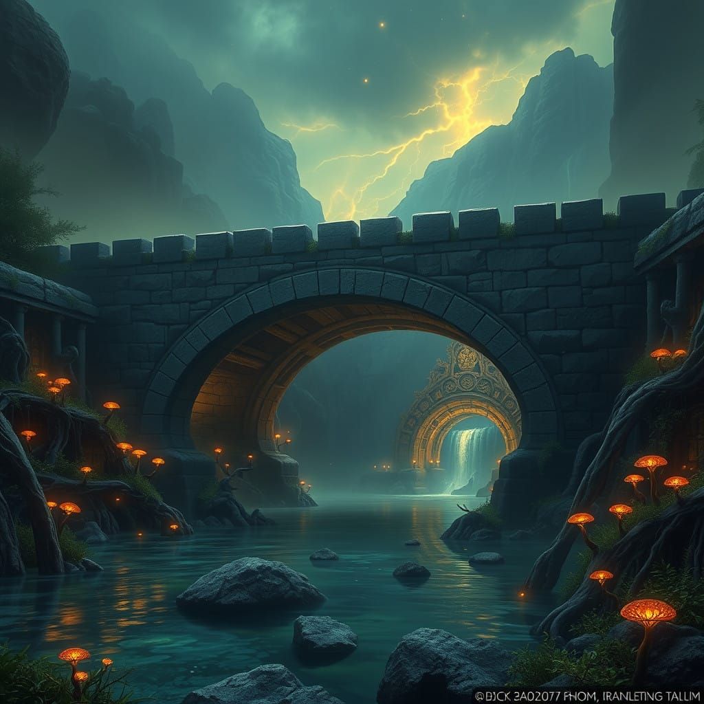 Mystical Water Trolls' Lair Beneath a Majestic Stone Bridge
