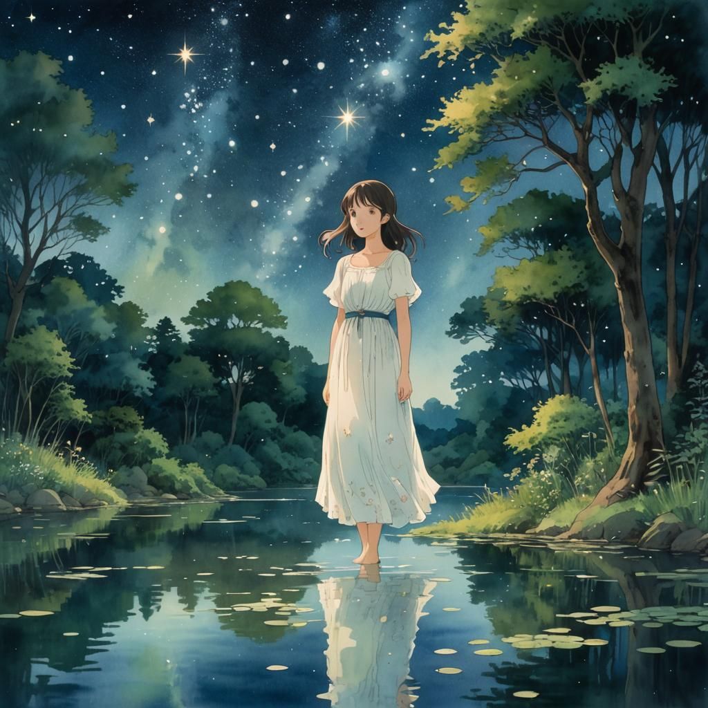 Ghibli Girl Under Starry Night Sky