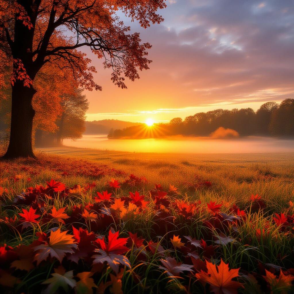 Golden Autumn Sunrise Over Misty Countryside