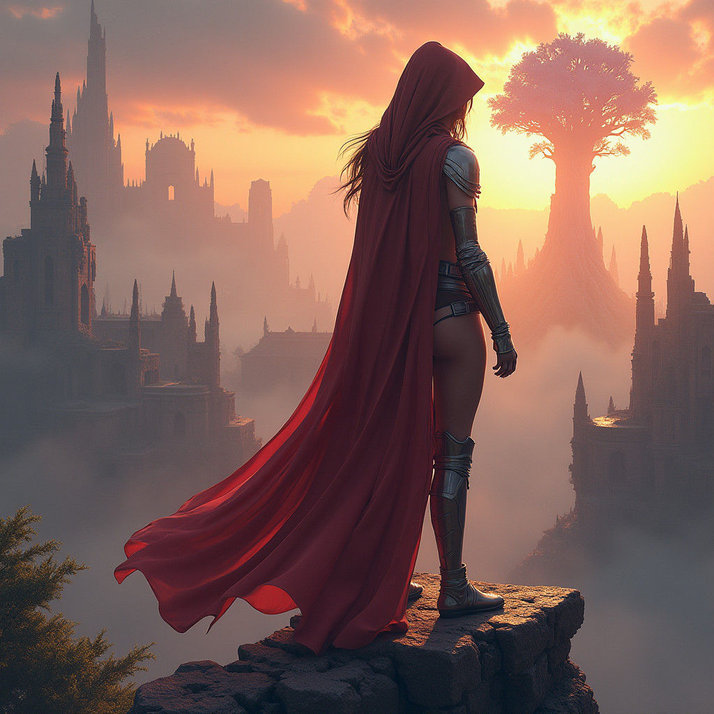 Heroine Overlooks Mystical Cityscape in Fantasy Concept Art