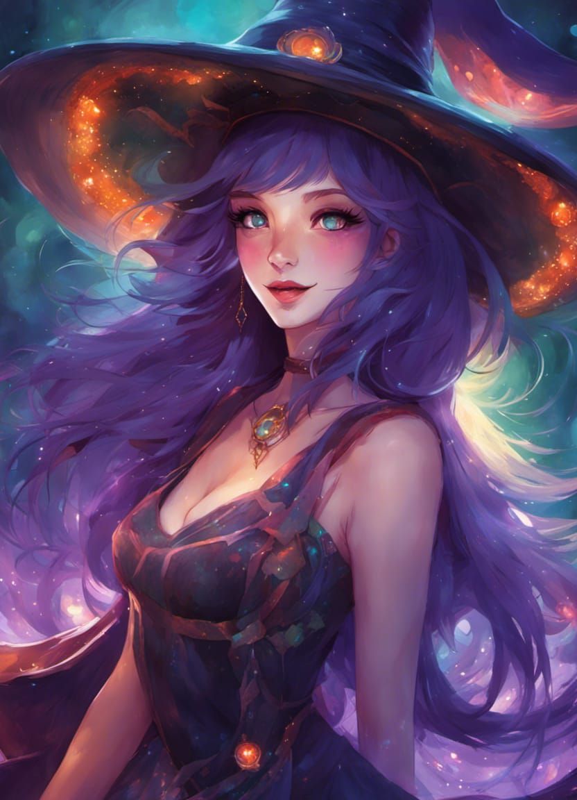 Mischievous Witch with Purple Hair in Vibrant Colors
