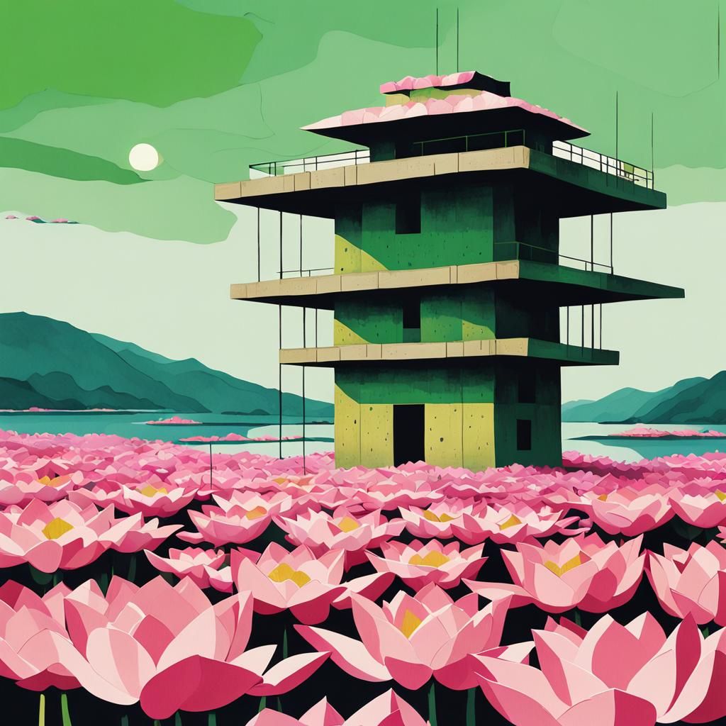 Brutalist Watchtower Amidst Lotus Sea: Abstract Expressionis...